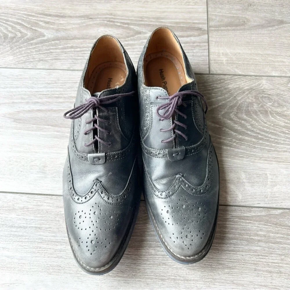 Hush Puppies Black Distressed Leather Wingtips Oxfords